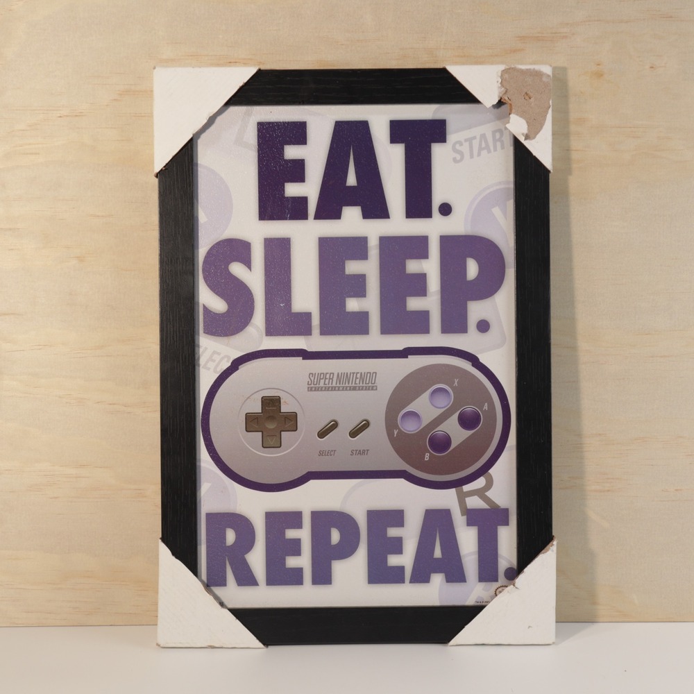 Nintendo Super NES Eat Sleep Repeat Framed Wall Art SNES Controller Decor 13x19